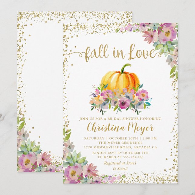 Fall in Love Floral Pumpkin Glitter Bridal Shower Invitation (Front/Back)