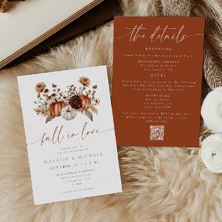 Fall in Love Floral Pumpkin QR Code Wedding Invitation