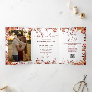 Fall In Love Floral QR Code 2 Photo Wedding Tri-Fold Invitation
