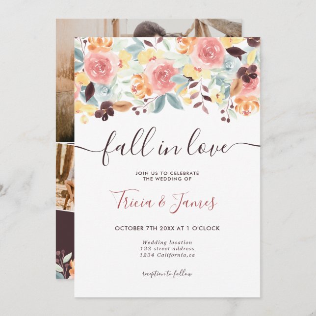 Fall in love floral rustic photo initials wedding invitation (Front/Back)