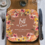 Fall in Love Floral Terracotta Bridal Shower Paper Plate<br><div class="desc">Elegant watercolor fall flowers and greenery border your details and Fall in Love in chic lettering on terracotta,  these beautiful square paper plates are perfect for a bridal shower or any occasion. MATCHING items in our store.</div>