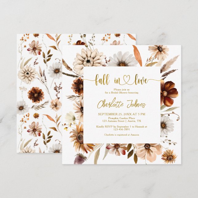 Fall In Love Floral Terracotta Gold Bridal Shower Invitation (Front/Back)