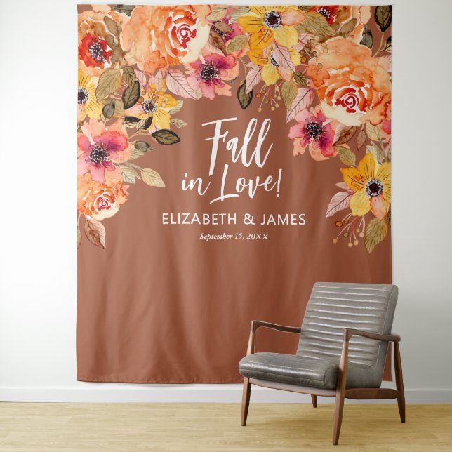 Fall in Love Floral Wedding Backdrop Tapestry (In Situ)