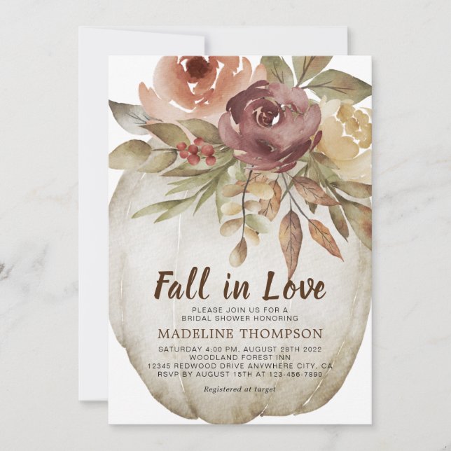 Fall in Love Floral White Pumpkin Bridal Shower Invitation (Front)
