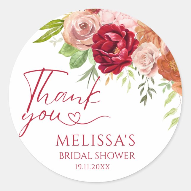Fall in Love Flower Bridal Shower thank you Classic Round Sticker (Front)