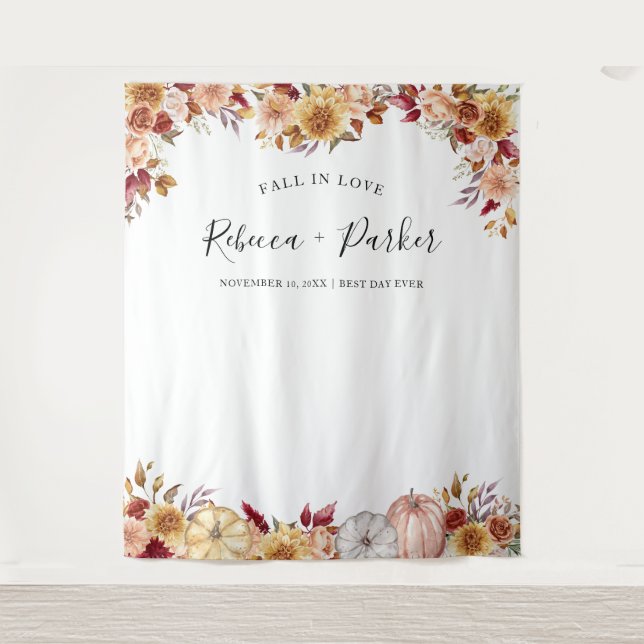 Fall in love flowers pumkins Backdrop Photo booth Tapestry (Front)