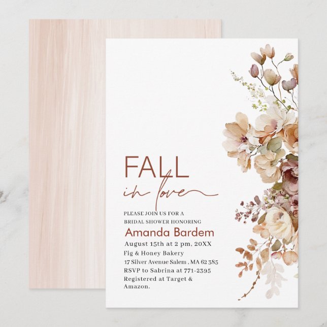 Fall in Love Flowers  Watercolor  bridal shower In Invitation (Front/Back)