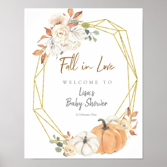 Fall in Love Geometric Floral Pumpkin Welcome Sign (Front)