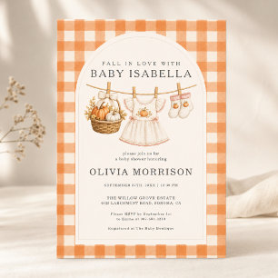 Fall in Love Gingham Clothesline Girl Baby Shower Invitation