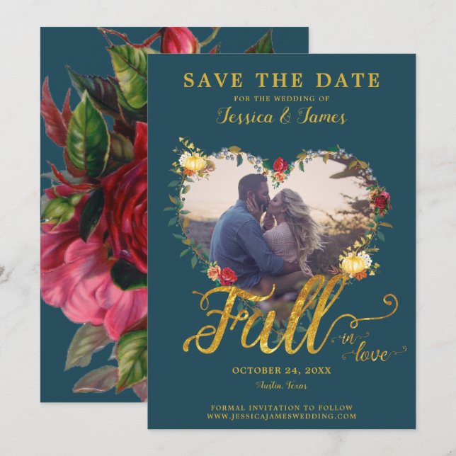 Fall in Love Gold Burgundy Floral Save the Date Invitation (Front/Back)