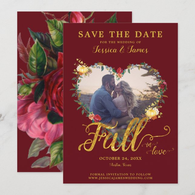 Fall in Love Gold Burgundy Floral Save the Date Invitation (Front/Back)
