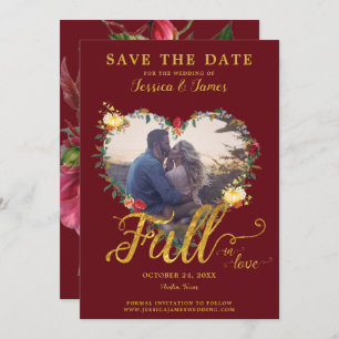 Fall in Love Gold Burgundy Floral Save the Date Invitation
