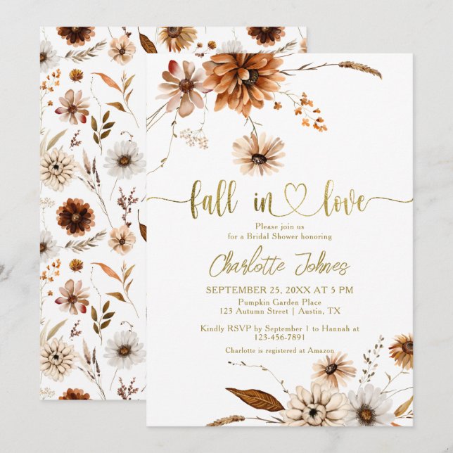 Fall In Love Gold Cream Terracotta Bridal Shower Invitation (Front/Back)