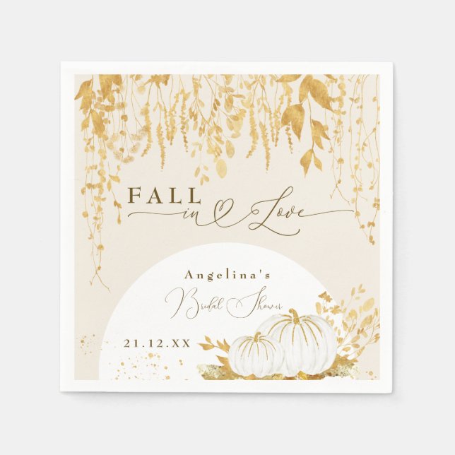 Fall in Love Gold Leaves Bridal Shower Napkin (Front)