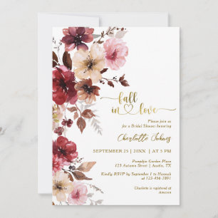 Fall In Love Gold Maroon Pink Bridal Shower Invitation