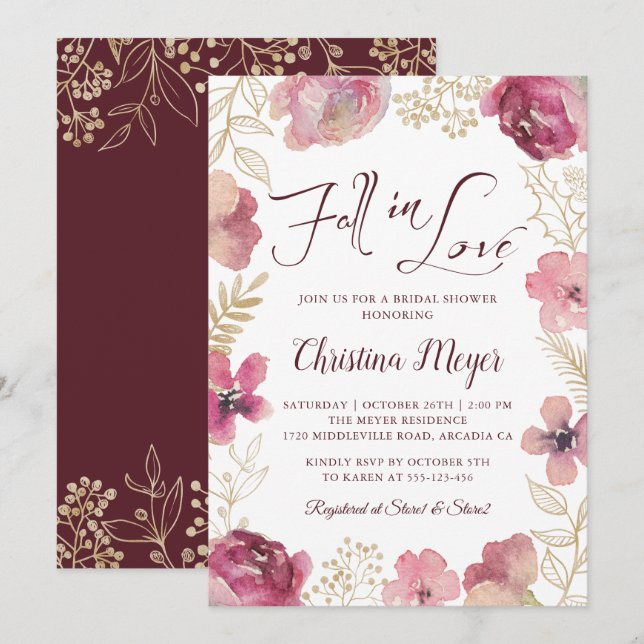 Fall in Love Gold Purple Floral Bridal Shower Invitation (Front/Back)