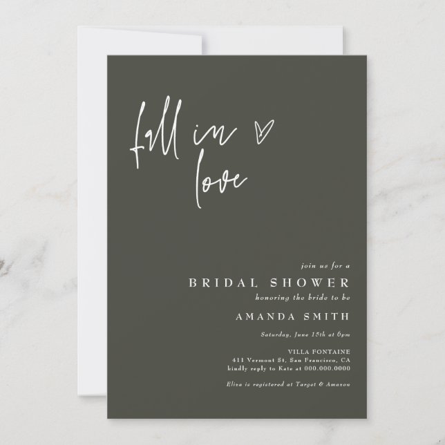 Fall In Love Green Minimalist Bridal Shower Invitation (Front)