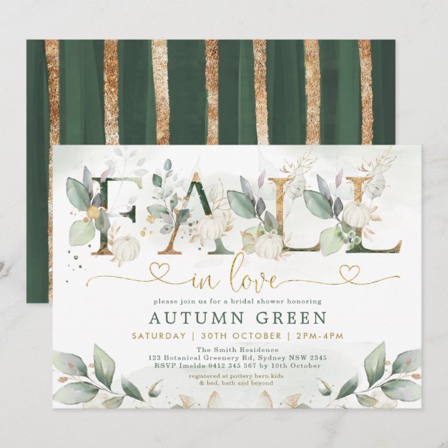 Fall in Love Greenery Gold Pumpkin Bridal Shower Invitation (Front/Back)