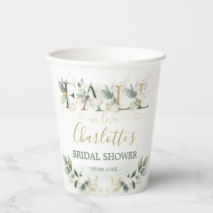 Fall in Love Greenery Gold Pumpkin Bridal Shower Paper Cups