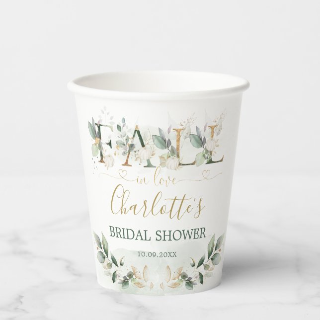 Fall in Love Greenery Gold Pumpkin Bridal Shower Paper Cups (Front)