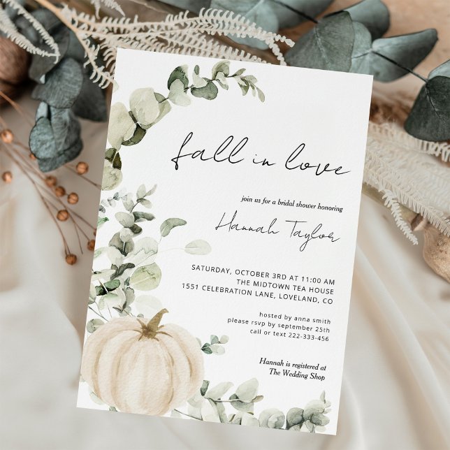 Fall In Love Greenery Pumpkin Fall Bridal Shower Invitation (Creator Uploaded)