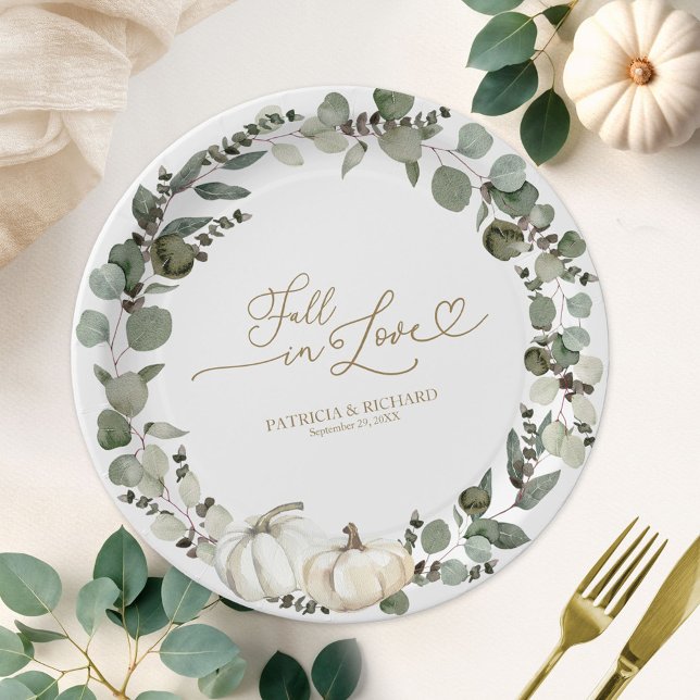 Fall in Love Greenery Pumpkin Wedding Paper Plate (Creator Uploaded)