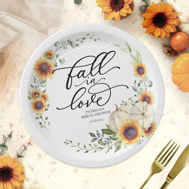 Fall In Love Greenery Sunflowers Bridal Shower Paper Plate (Creator Uploaded)
