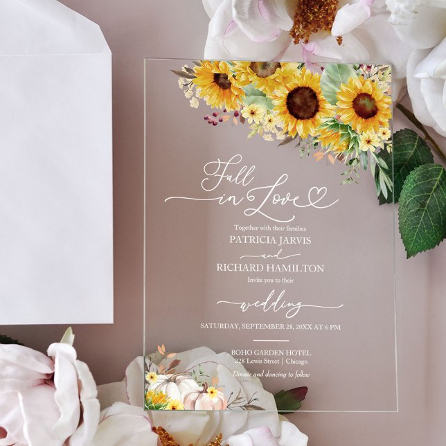 Fall In Love Greenery Sunflowers Wedding Acrylic Invitations (Creator Uploaded)