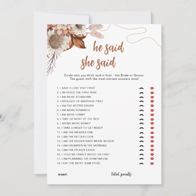 Fall in love | Guess Who Said It Bridal Shower  Invitation (Front)