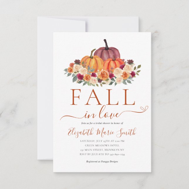 Fall in Love Heart Floral Pumpkin Bridal Shower Card (Front)