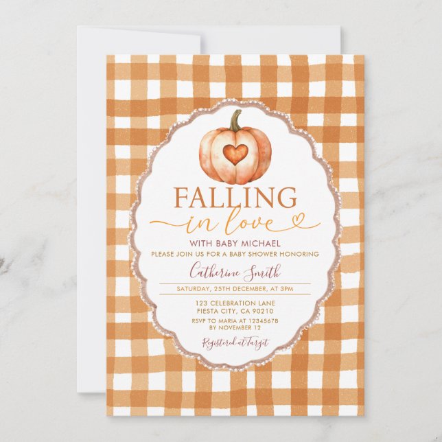 Fall in love Heart Pumpkin Baby shower Gingham Invitation (Front)