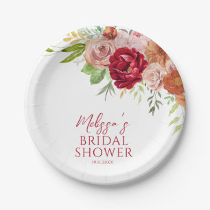 Fall in Love Marsala Flower Bridal Shower  Paper Plate