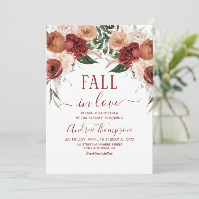 Fall in Love Marsala Flowers Fall bridal shower Invitation (Standing Front)
