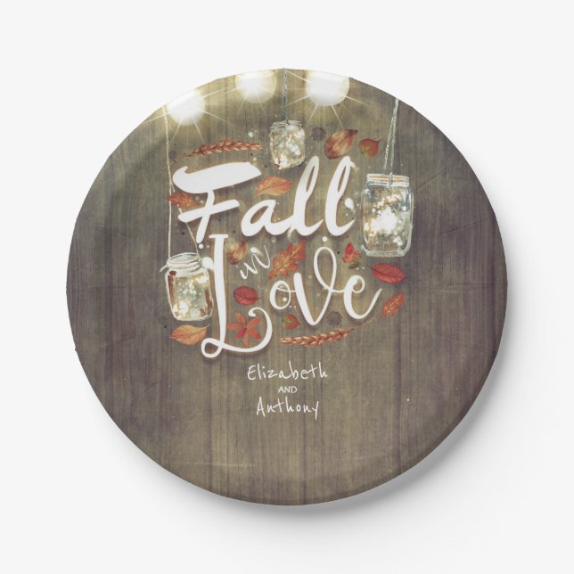 Fall in Love Mason Jar Lights Rustic Wedding Paper Plate (Front)