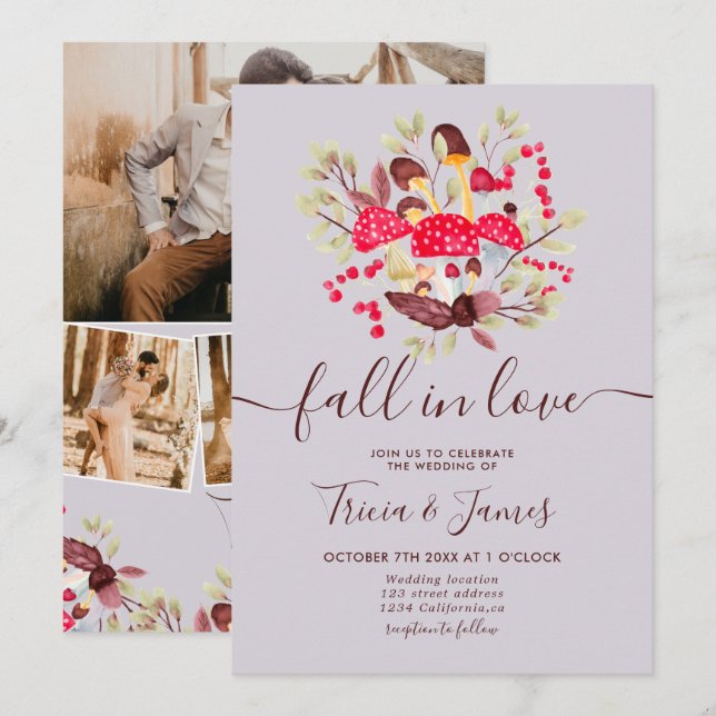 Fall in love mushrooms rustic photo wedding invitation (Front/Back)