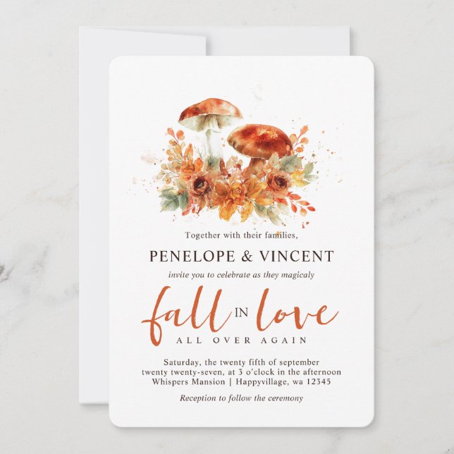 Fall in Love Mushrooms Wedding Invitation (Front)