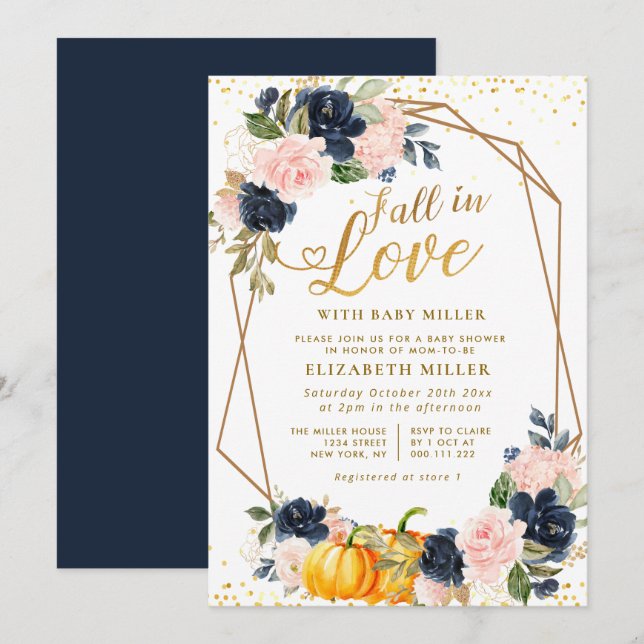 fall in love navy and blush floral baby shower invitation (Front/Back)