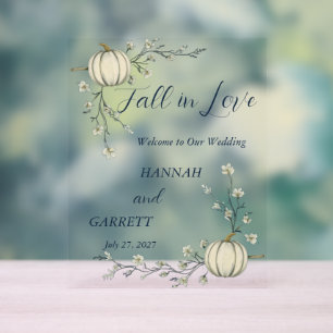 Fall in love Navy Blue Autumn Pumpkin Wedding Acrylic Sign
