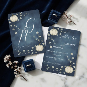 Fall in love Navy Blue Autumn Pumpkin Wedding Invitation