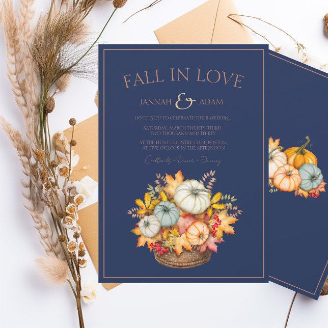 Fall in Love Navy Blue Autumn Pumpkins Wedding Invitation (Creator Uploaded)