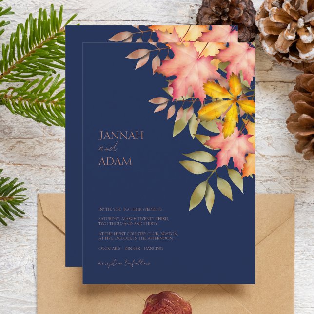 Fall in Love Navy Blue Fall Autumn Leaves Wedding Invitation (Creator Uploaded)