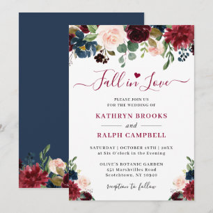 Fall in Love Navy Blue Wine Blush Floral Wedding Invitation