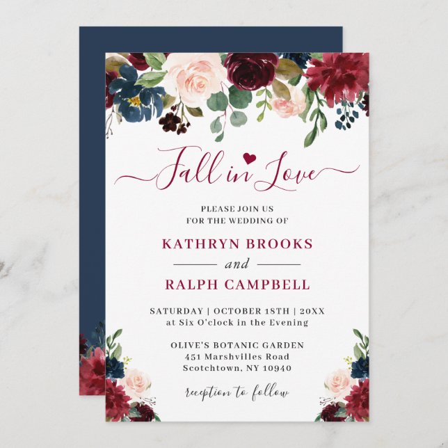 Fall in Love Navy Blue Wine Blush Floral Wedding Invitation (Front/Back)