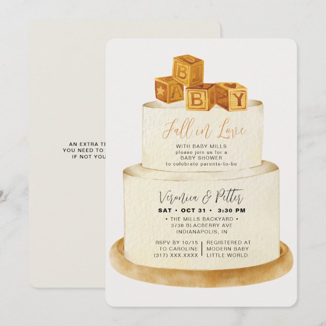 Fall in Love Neutral Autumn Cake Baby Shower Invitation (Front/Back)