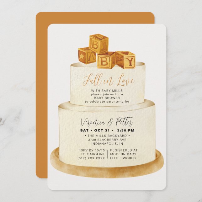 Fall in Love Neutral Autumn Cake Baby Shower Invitation (Front/Back)