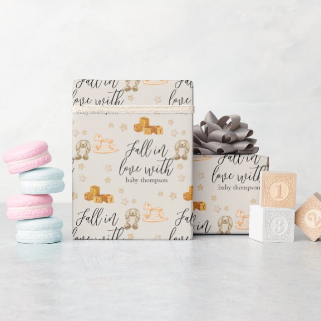 Fall in Love Neutral Baby Shower Custom Wrapping Paper (Baby Shower)