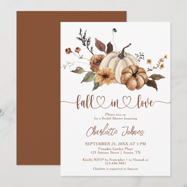 Fall in Love Neutral Floral Fall Bridal Shower Invitation (Front/Back)