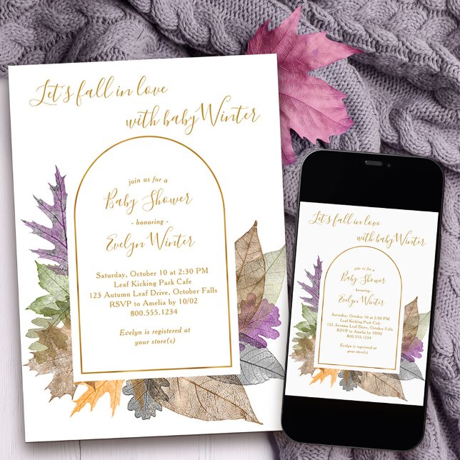 Fall in Love October Leaves Elegant Baby Shower Invitation (Fall in Love Baby Shower Invitation with modern arch and delicate autumn leaves)