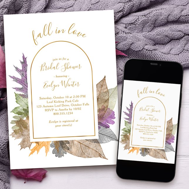 Fall in Love October Leaves Elegant Bridal Shower Invitation (Fall in Love Bridal Shower invitation with delicate autumn leaves)