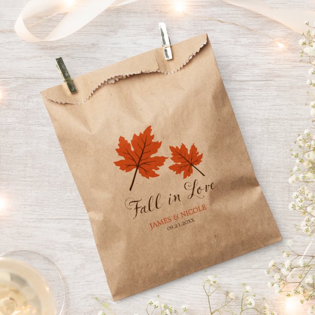 Fall in Love Orange Brown Leaves Wedding Favour Bags (Clipped)